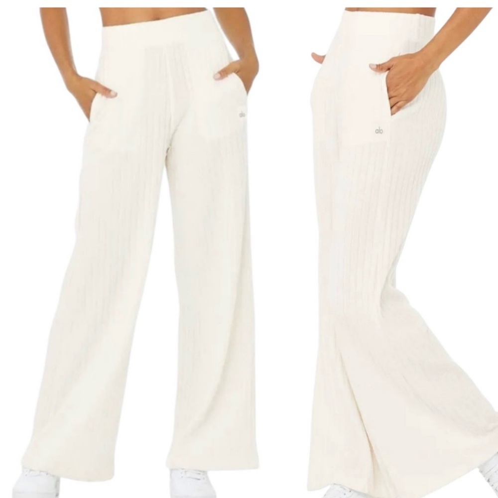 ALO Yoga Take Comfort Ribbed Wide Leg Pant Ivory Size S